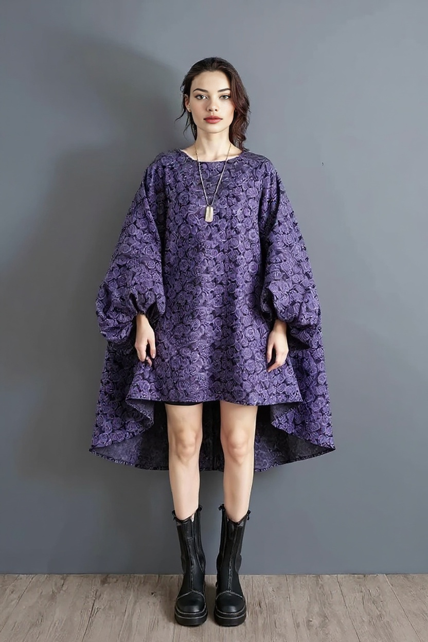 Purple Floral Lantern Sleeve Asymmetrical Dress - Elegant Winter-Ready Design-SimpleModerne