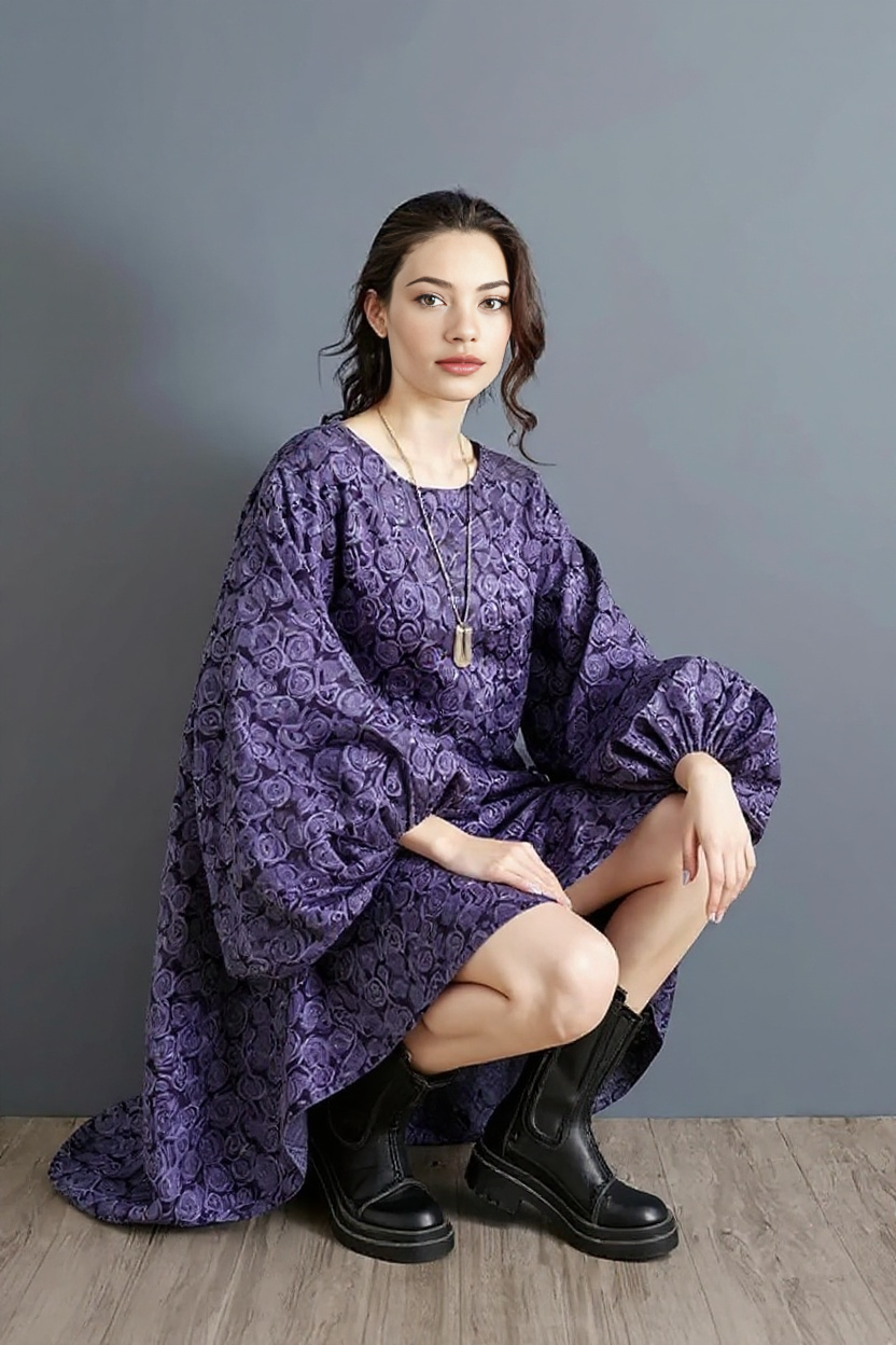 Purple Floral Lantern Sleeve Asymmetrical Dress - Elegant Winter-Ready Design-SimpleModerne