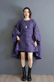 Purple Floral Lantern Sleeve Asymmetrical Dress - Elegant Winter-Ready Design-SimpleModerne