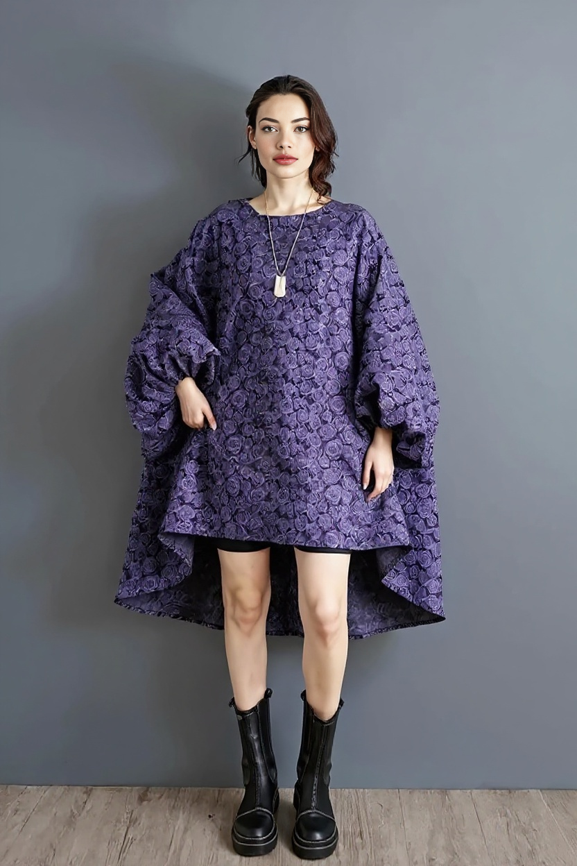 Purple Floral Lantern Sleeve Asymmetrical Dress - Elegant Winter-Ready Design-SimpleModerne
