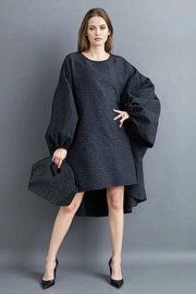 Oversized Lantern Sleeve Dress with Asymmetrical Hemline – Gothic Inspired Minimalism-SimpleModerne