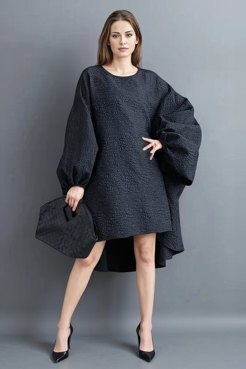 Oversized Lantern Sleeve Dress with Asymmetrical Hemline – Gothic Inspired Minimalism-SimpleModerne
