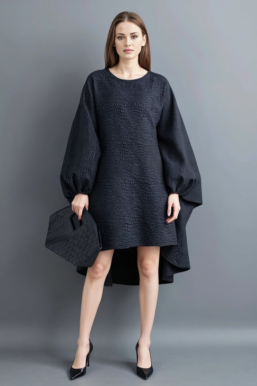 Oversized Lantern Sleeve Dress with Asymmetrical Hemline – Gothic Inspired Minimalism-SimpleModerne