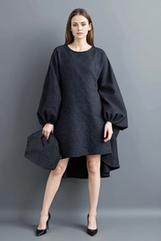 Oversized Lantern Sleeve Dress with Asymmetrical Hemline – Gothic Inspired Minimalism-SimpleModerne