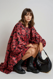 Red Floral Lantern Sleeve Asymmetrical Winter Dress – High-Low Pullover Style-SimpleModerne