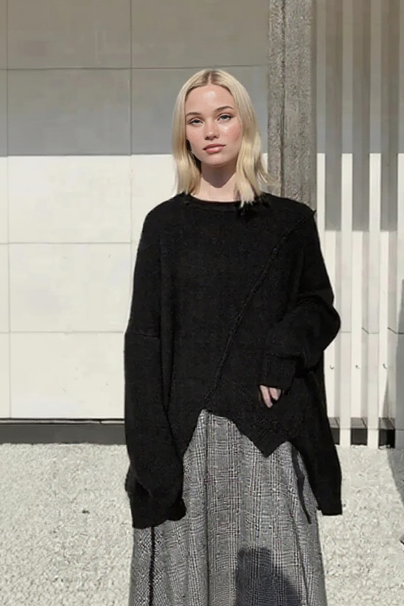 Oversized Black Knit Sweater – Asymmetrical Hem & Raglan Sleeves-SimpleModerne