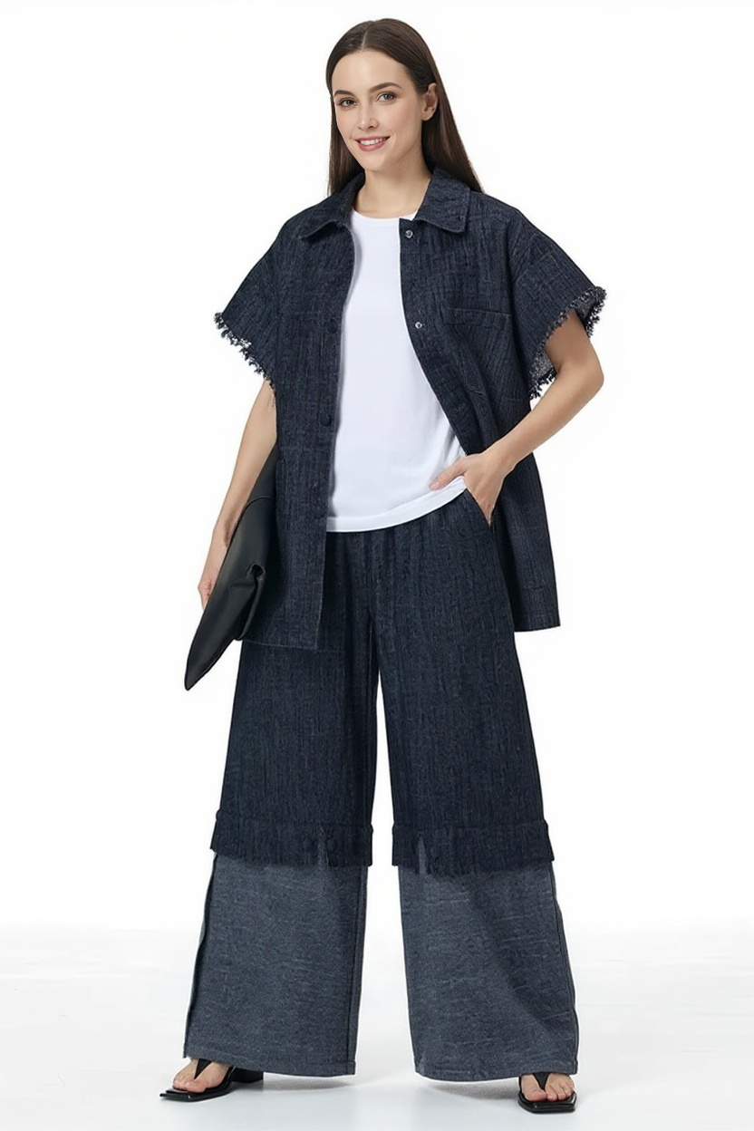 Color Block Wide-Leg Denim Trousers – Relaxed, Two-Tone Edge-SimpleModerne