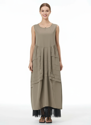Layered Asymmetrical Sleeveless Maxi Dress – Khaki Cotton Blend | Casual Summer Style-SimpleModerne