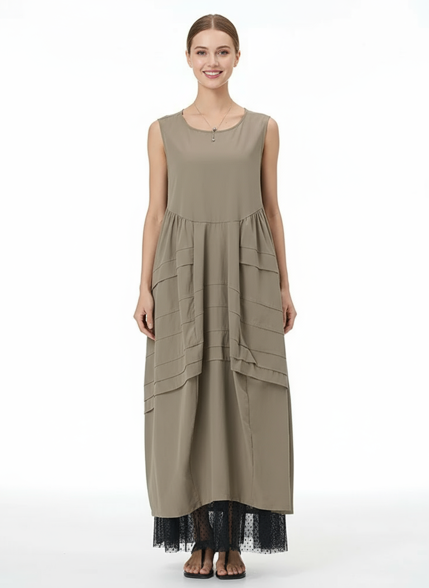 Layered Asymmetrical Sleeveless Maxi Dress – Khaki Cotton Blend | Casual Summer Style-SimpleModerne