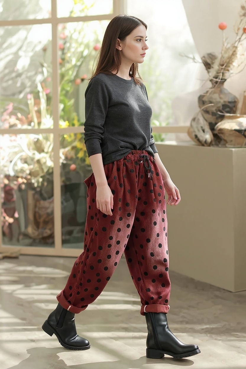 Polka Dot Corduroy Trousers – Relaxed Fit, Warm & Playful-SimpleModerne