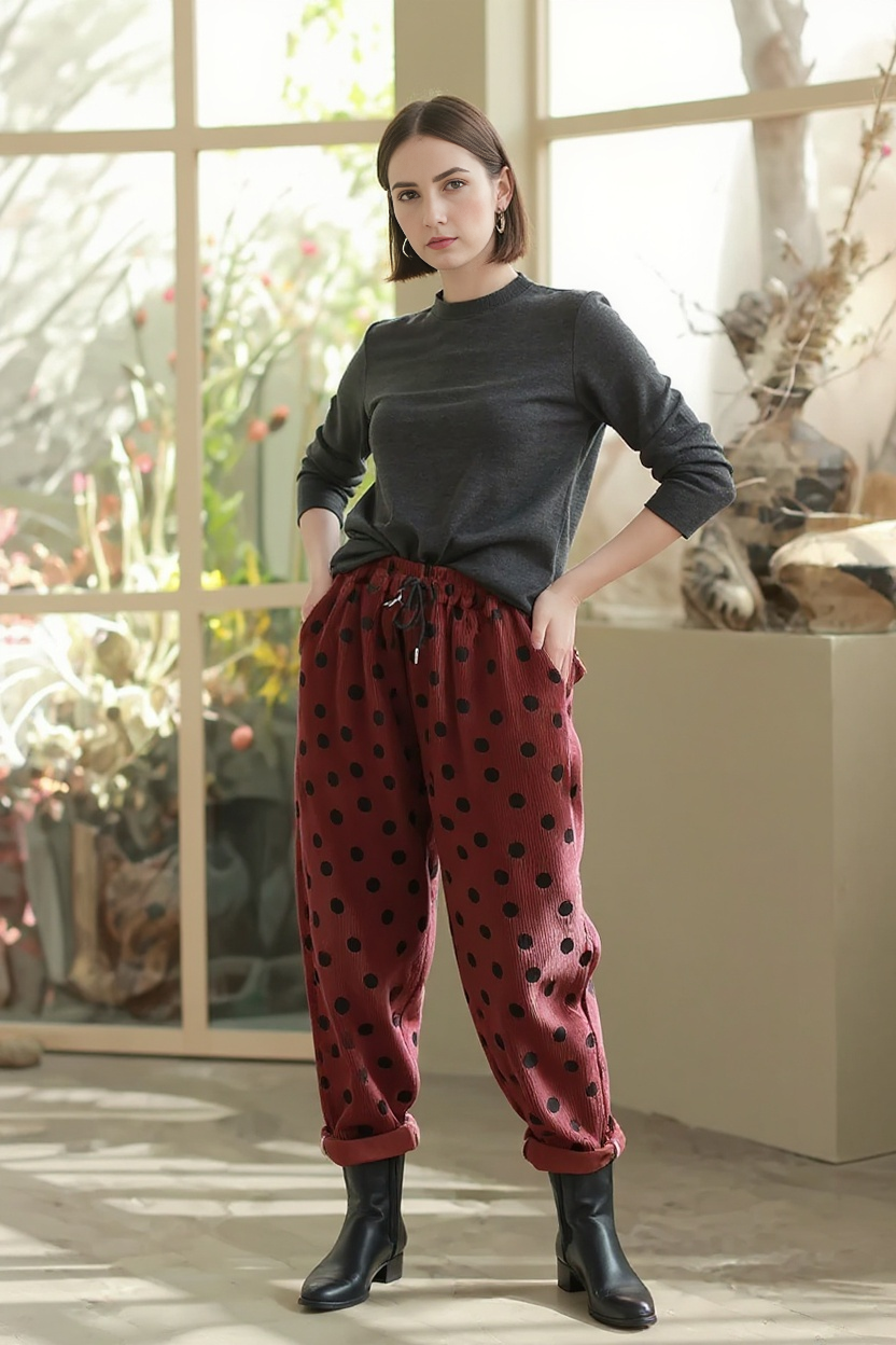 Polka Dot Corduroy Trousers – Relaxed Fit, Warm & Playful-SimpleModerne