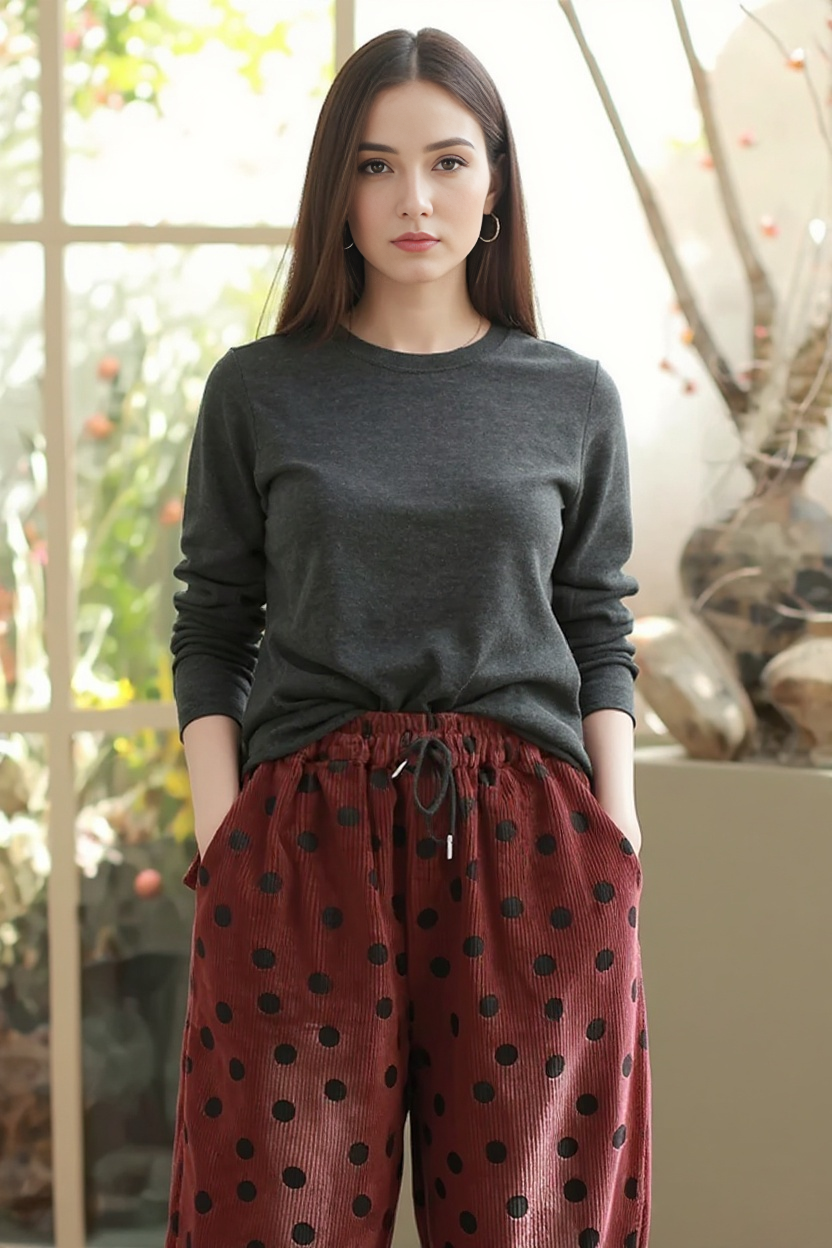 Polka Dot Corduroy Trousers – Relaxed Fit, Warm & Playful-SimpleModerne