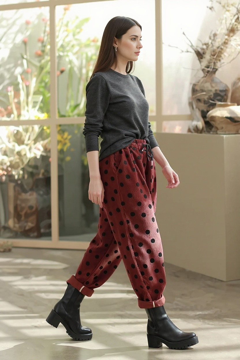 Polka Dot Corduroy Trousers – Relaxed Fit, Warm & Playful-SimpleModerne