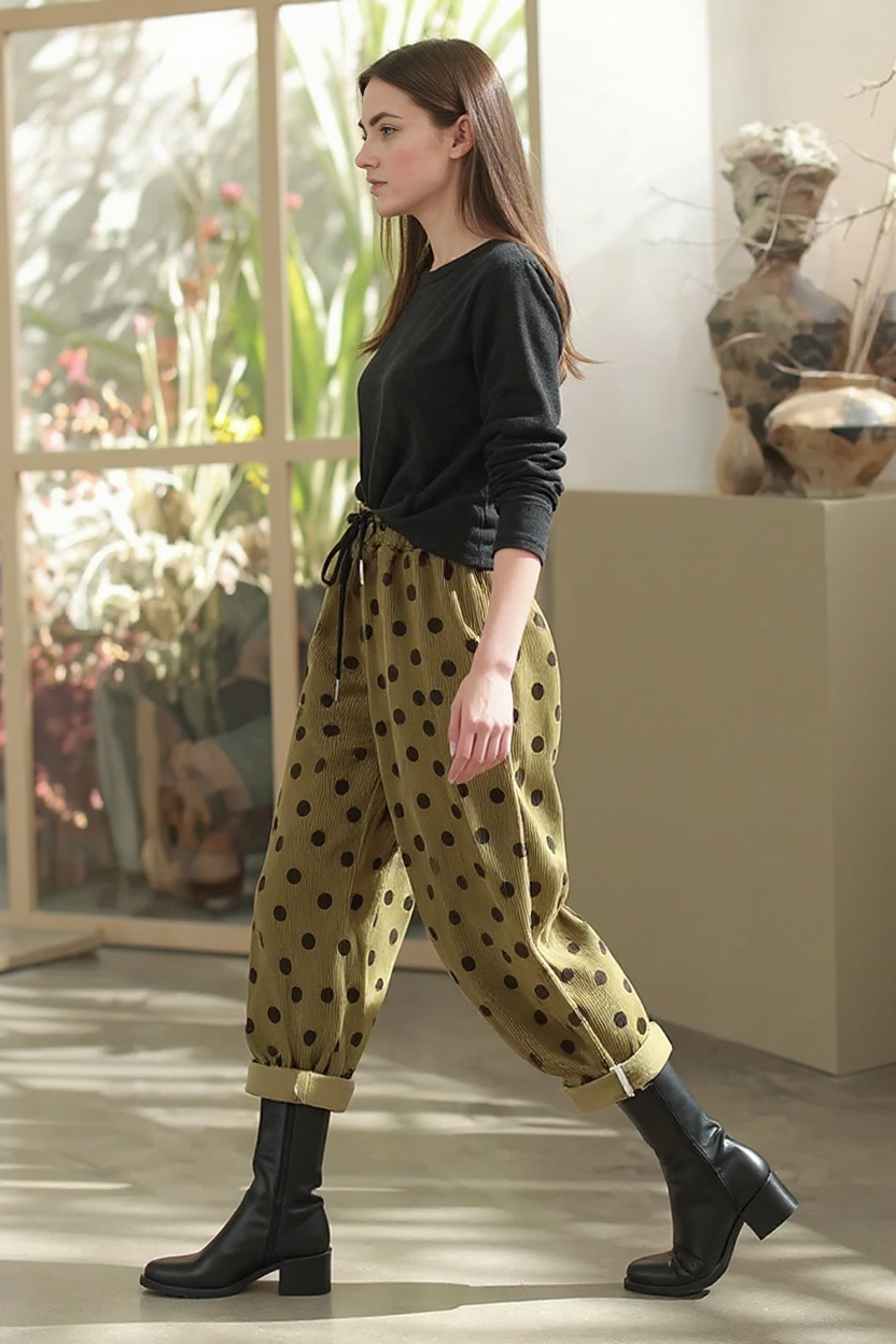 Polka Dot Corduroy Trousers – Relaxed Fit, Warm & Playful-SimpleModerne