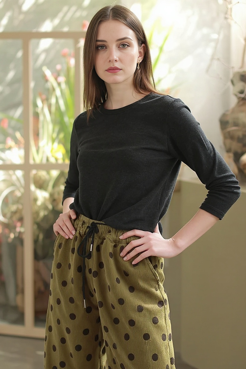 Polka Dot Corduroy Trousers – Relaxed Fit, Warm & Playful-SimpleModerne