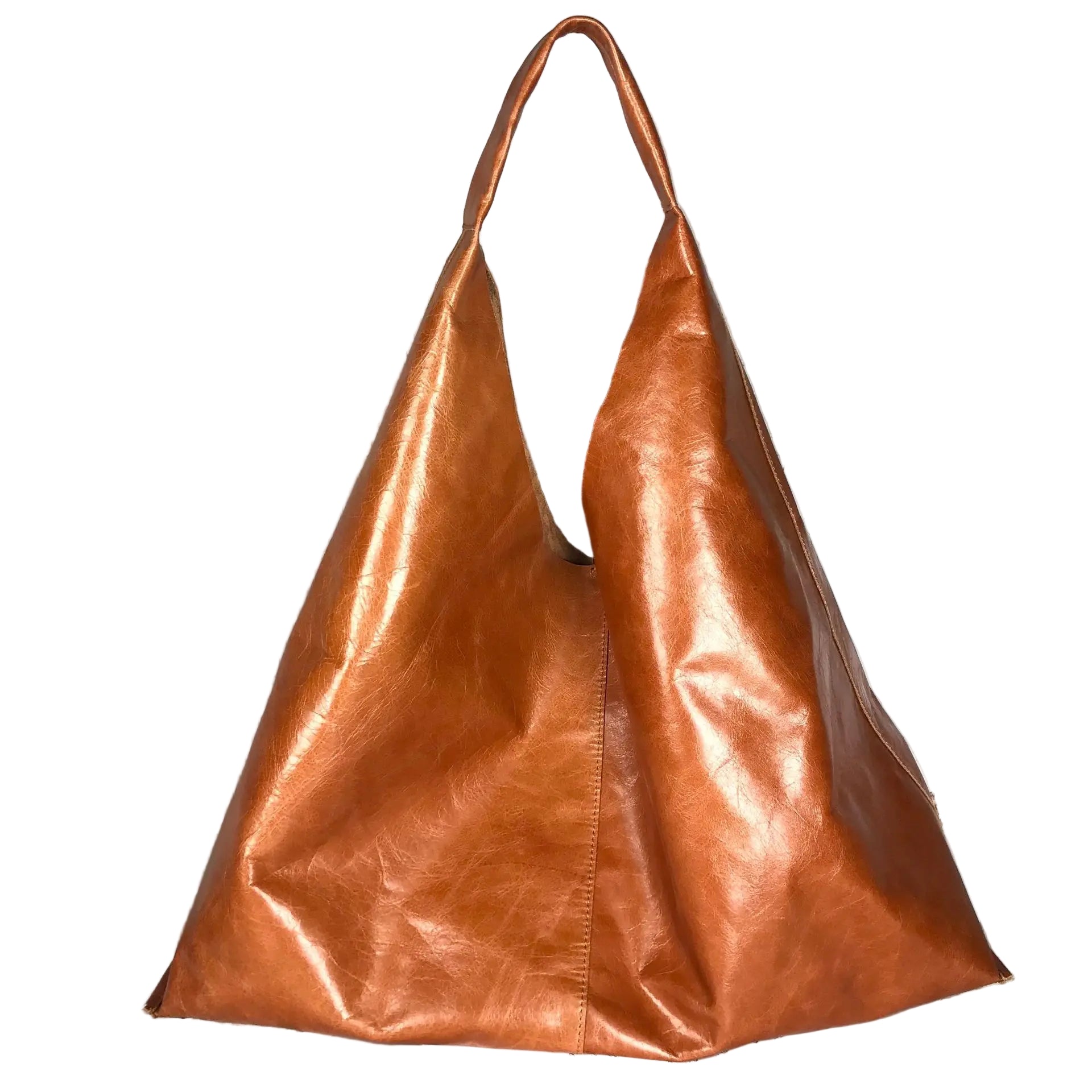 Oversized Vintage Cowhide Shopper – Handmade Leather Tote with Canvas Pouch (Cognac Brown)-SimpleModerne