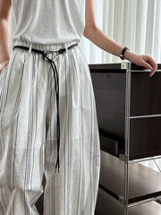 White Striped Wide-Leg Trousers – Cotton Linen Blend with Belt Detail-SimpleModerne