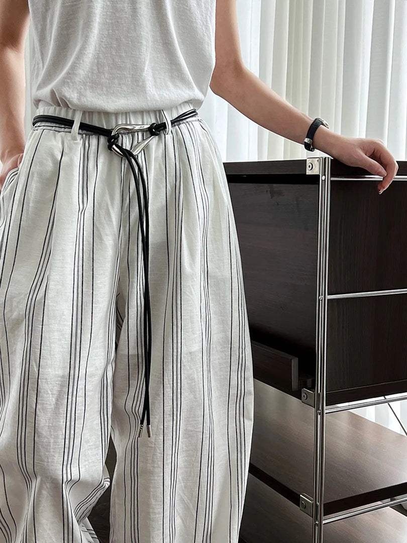 White Striped Wide-Leg Trousers – Cotton Linen Blend with Belt Detail-SimpleModerne