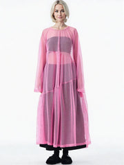 Sheer Drama Mesh Overlay Dress – Layered Elegance in Black, White & Pink-SimpleModerne