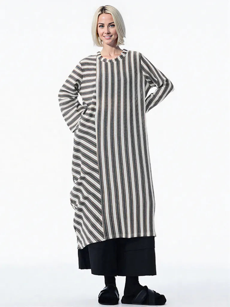 Striped Loose Pullover Midi-Maxi Dress – Coffee Brown Cotton Blend | Everyday Relaxed Fit-SimpleModerne