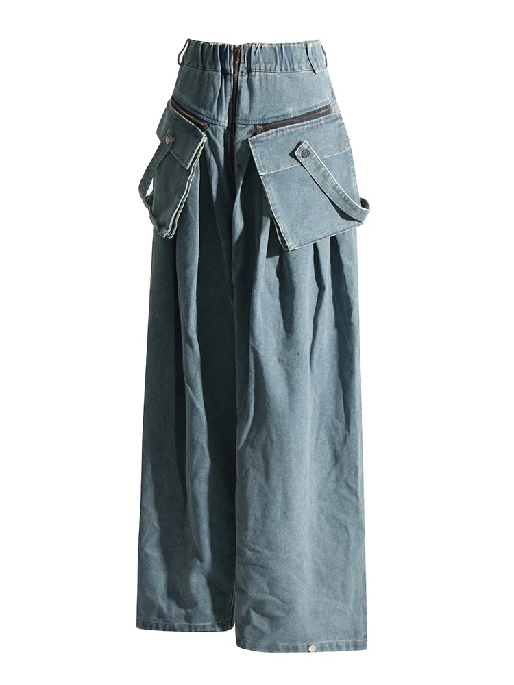 Vintage Wide-Leg Maxi Pocket Blue Jeans with Zipper Closure-SimpleModerne