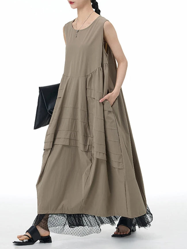 Layered Asymmetrical Sleeveless Maxi Dress – Khaki Cotton Blend | Casual Summer Style-SimpleModerne