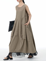 Layered Asymmetrical Sleeveless Maxi Dress – Khaki Cotton Blend | Casual Summer Style-SimpleModerne