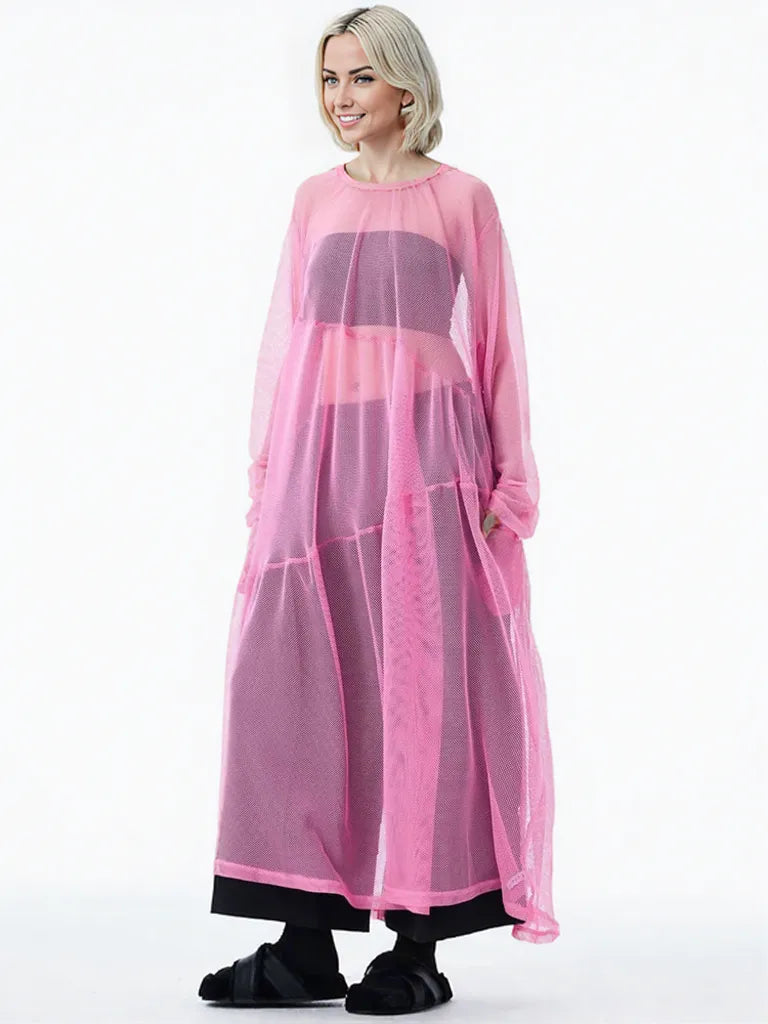 Sheer Drama Mesh Overlay Dress – Layered Elegance in Black, White & Pink-SimpleModerne