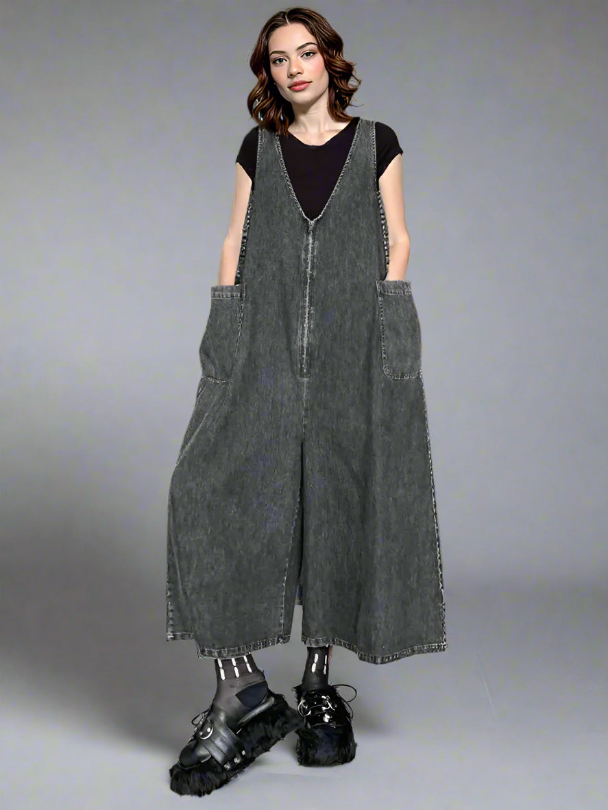 Urban Edge | Black Washed Denim Overalls with Oversized Pockets-SimpleModerne