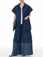 Color Block Wide-Leg Denim Trousers – Relaxed, Two-Tone Edge-SimpleModerne