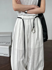 White Striped Wide-Leg Trousers – Cotton Linen Blend with Belt Detail-SimpleModerne