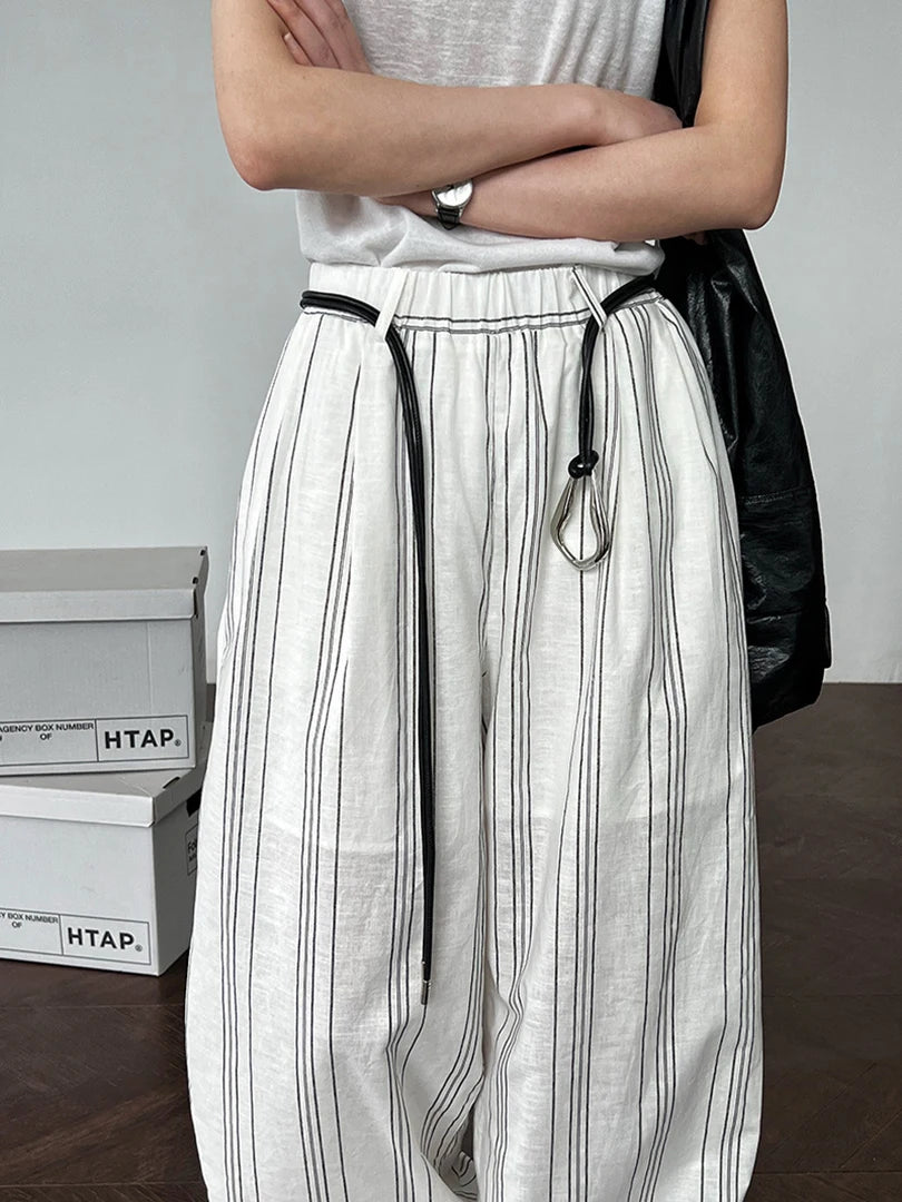 White Striped Wide-Leg Trousers – Cotton Linen Blend with Belt Detail-SimpleModerne