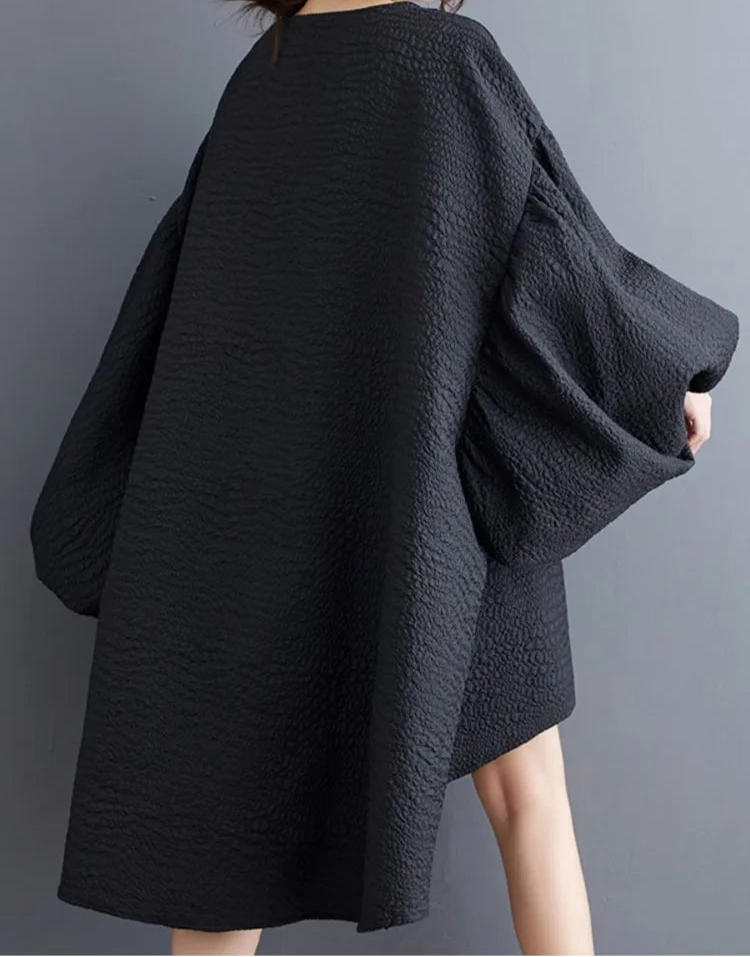 Oversized Lantern Sleeve Dress with Asymmetrical Hemline – Gothic Inspired Minimalism-SimpleModerne