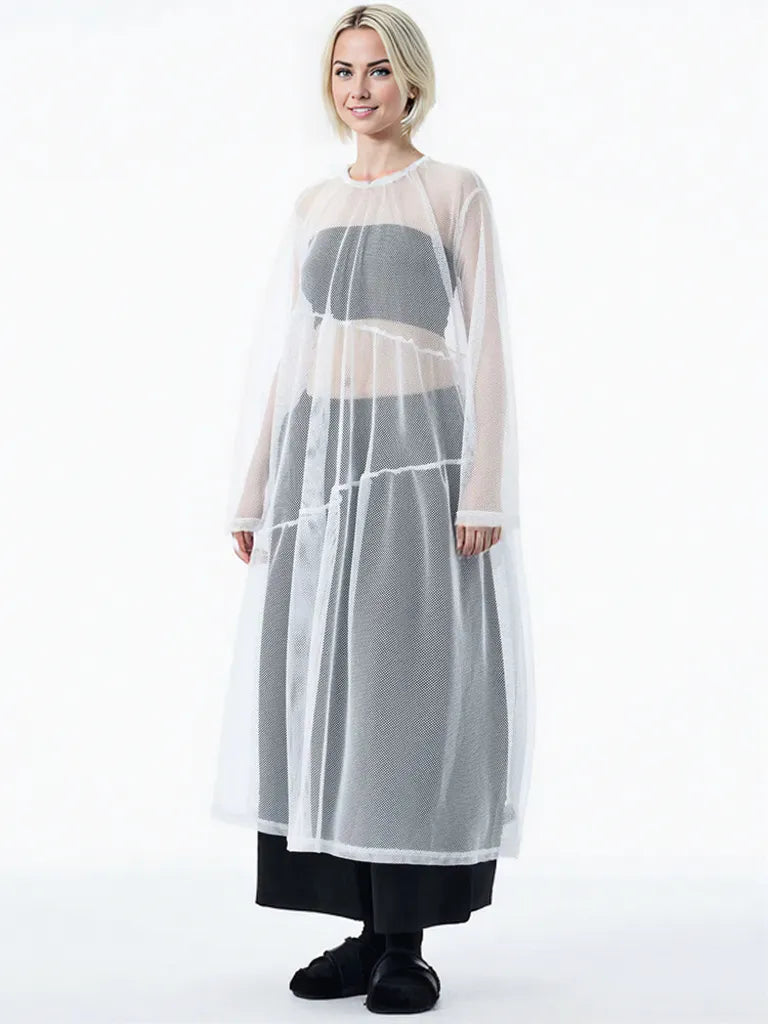 Sheer Drama Mesh Overlay Dress – Layered Elegance in Black, White & Pink-SimpleModerne