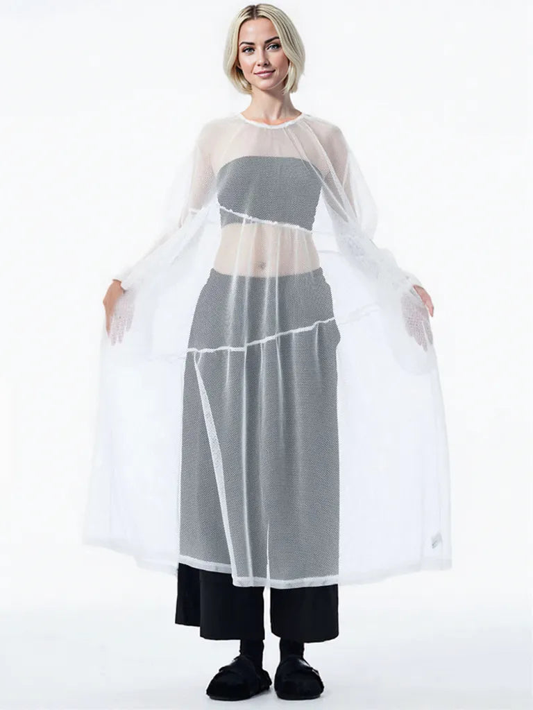 Sheer Drama Mesh Overlay Dress – Layered Elegance in Black, White & Pink-SimpleModerne