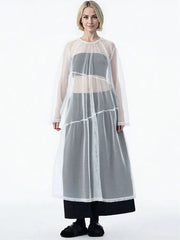 Sheer Drama Mesh Overlay Dress – Layered Elegance in Black, White & Pink-SimpleModerne