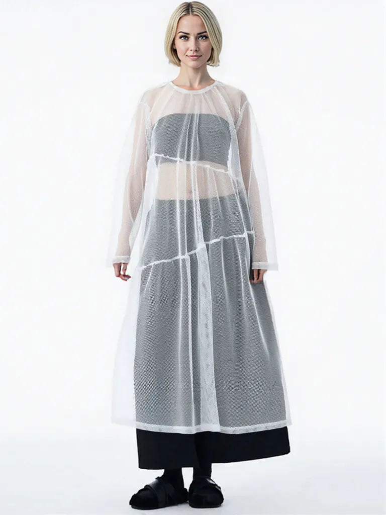 Sheer Drama Mesh Overlay Dress – Layered Elegance in Black, White & Pink-SimpleModerne