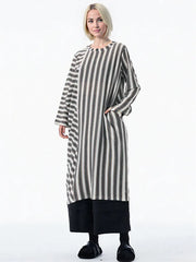 Striped Loose Pullover Midi-Maxi Dress – Coffee Brown Cotton Blend | Everyday Relaxed Fit-SimpleModerne