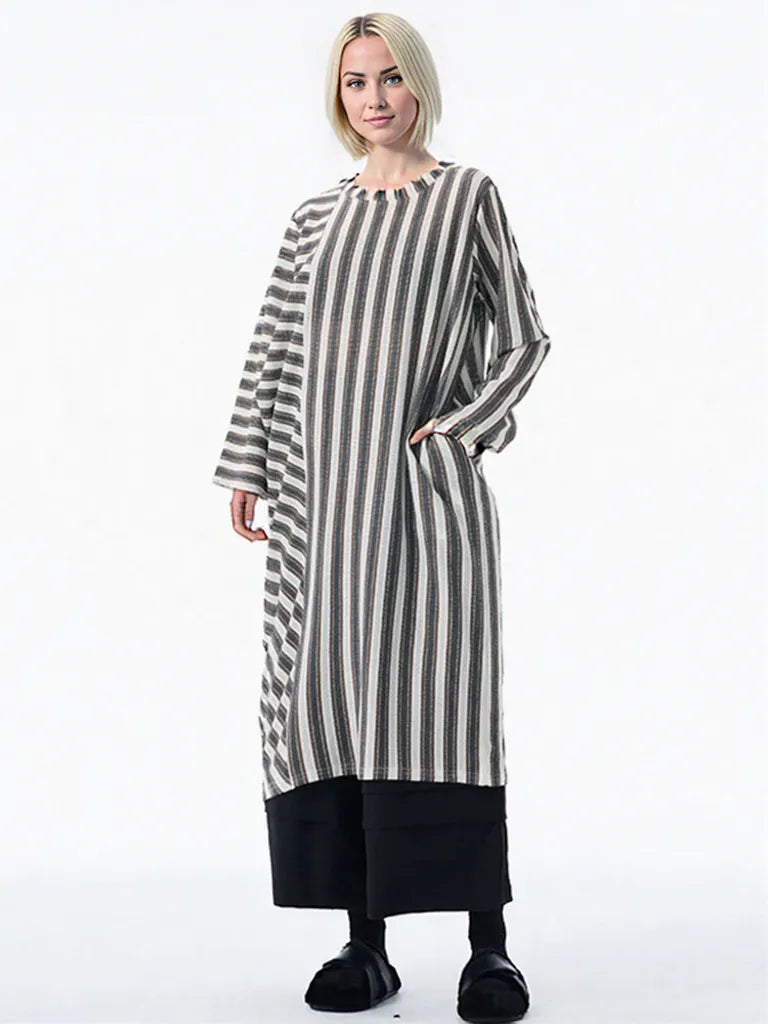 Striped Loose Pullover Midi-Maxi Dress – Coffee Brown Cotton Blend | Everyday Relaxed Fit-SimpleModerne