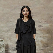 Draped Layered Split-Front Top – Relaxed Fit in Gray, Beige & Brown-SimpleModerne