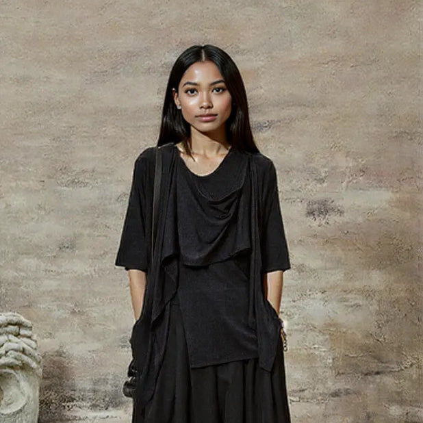 Draped Layered Split-Front Top – Relaxed Fit in Gray, Beige & Brown-SimpleModerne