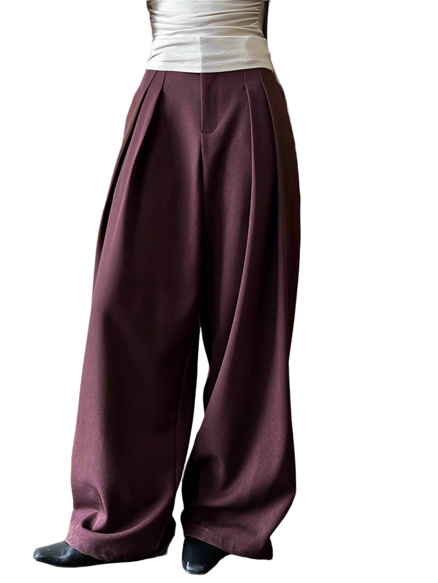 Sculpted Drape Wide-Leg Trousers – Gray or Wine Red-SimpleModerne