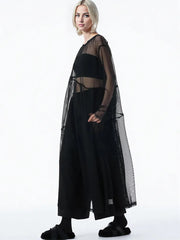 Sheer Drama Mesh Overlay Dress – Layered Elegance in Black, White & Pink-SimpleModerne