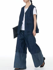 Color Block Wide-Leg Denim Trousers – Relaxed, Two-Tone Edge-SimpleModerne