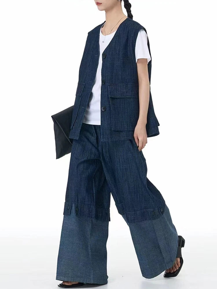 Color Block Wide-Leg Denim Trousers – Relaxed, Two-Tone Edge-SimpleModerne