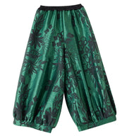 Elegant Floral Lantern Pants in Green with Pocket Detail – Relaxed Fit for Modern Style-SimpleModerne