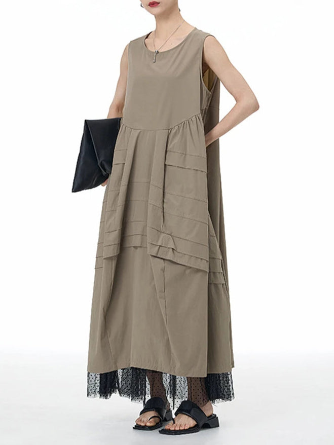 Layered Asymmetrical Sleeveless Maxi Dress – Khaki Cotton Blend | Casual Summer Style-SimpleModerne