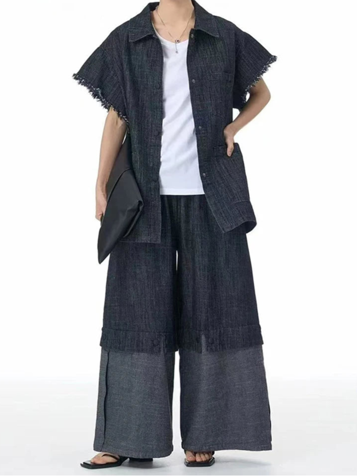 Color Block Wide-Leg Denim Trousers – Relaxed, Two-Tone Edge-SimpleModerne