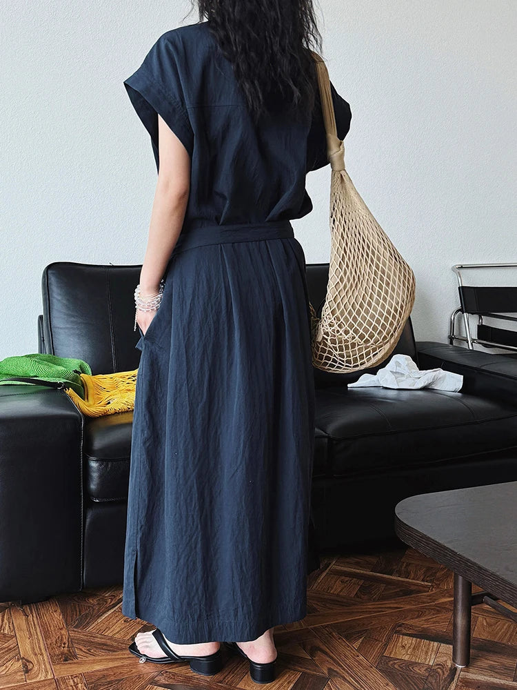 Asymmetrical Button-Up Maxi Dress with Detachable Belt Bag – Minimalist Black Layered Look-SimpleModerne