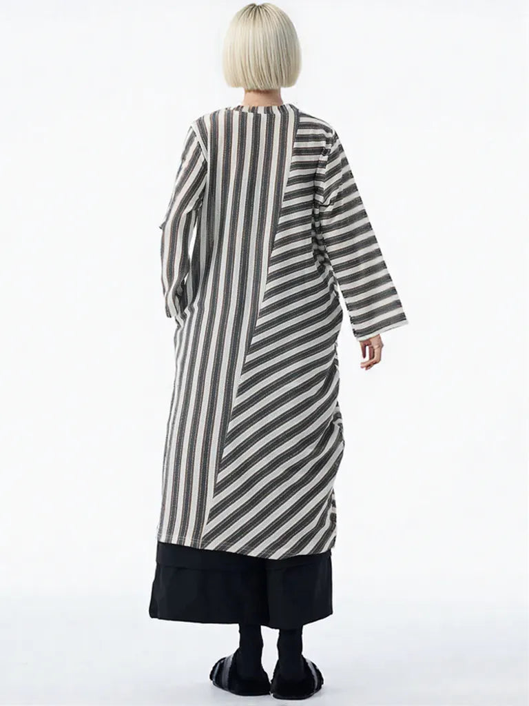 Striped Loose Pullover Midi-Maxi Dress – Coffee Brown Cotton Blend | Everyday Relaxed Fit-SimpleModerne